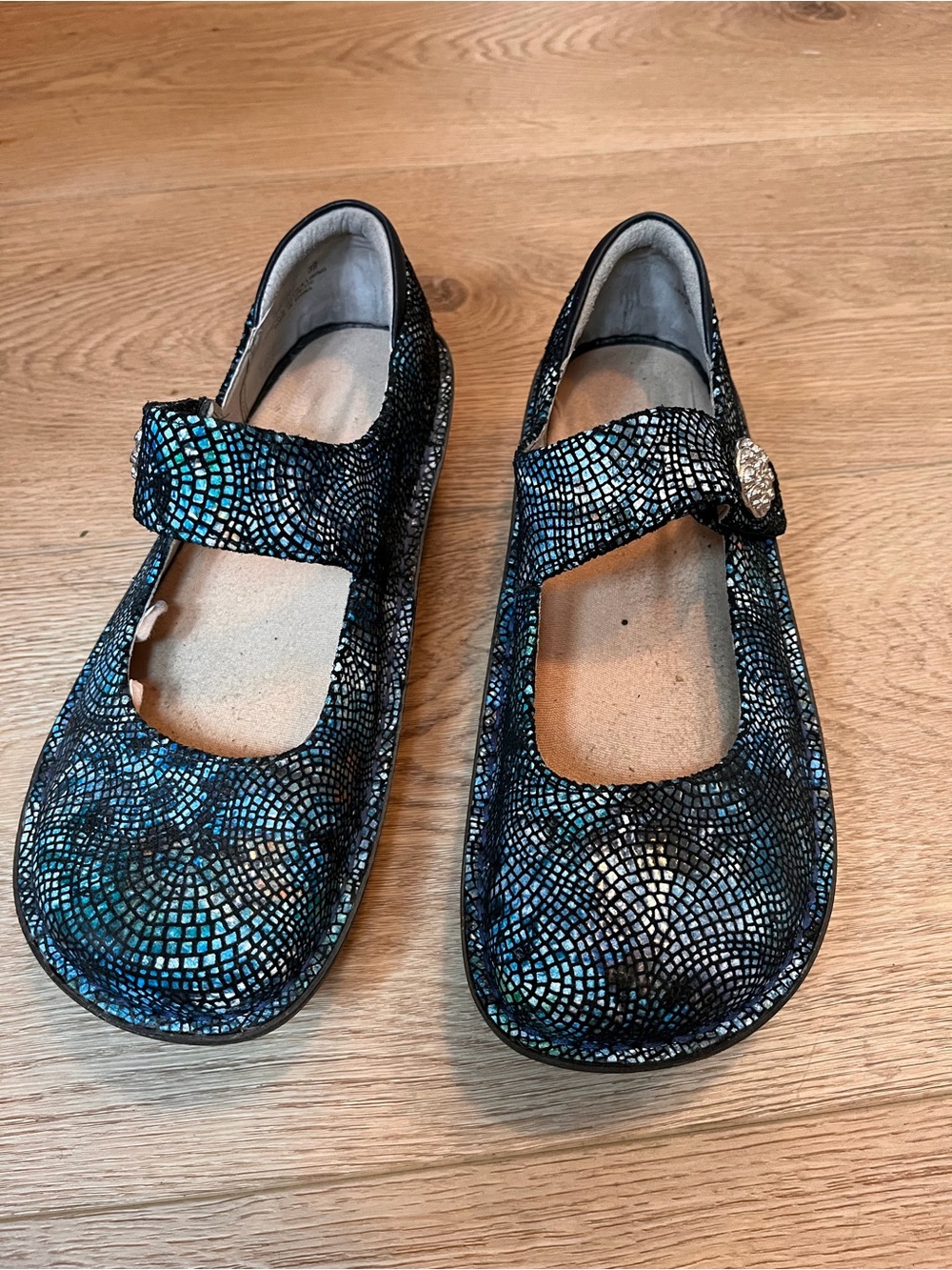 Alegria Teal and Black Mosaic Mary Jane Flats